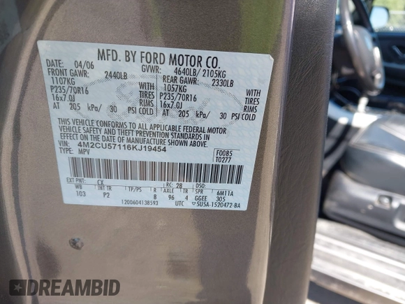 2006 Mercury Mariner Luxury с VIN 4M2CU57116KJ19454, выставлен на аукционе IAAI как лот 42436725 с пробегом 244 689 миль миль и . История ставок и продаж доступна на DreamBid. Изображение 9.