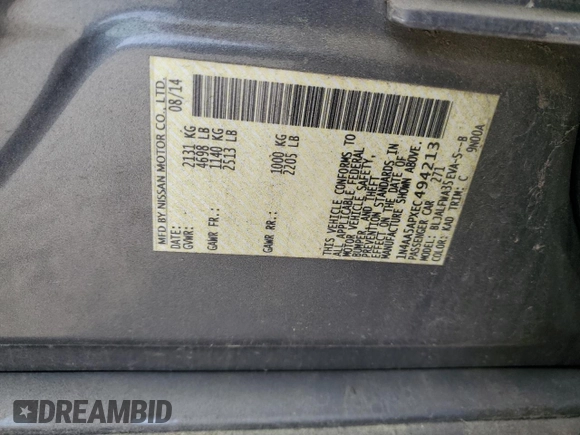 2014 Nissan Maxima S with VIN 1N4AA5APXEC494213, listed as a Copart auction lot 54070865 with 94,155 mi miles and Salvage Title. Bid and sale history available at DreamBid. Image 12.