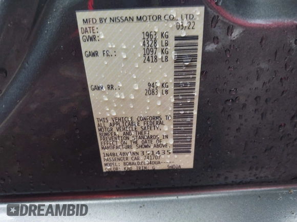 2022 Nissan Altima 2.5 S with VIN 1N4BL4BV1NN351435, listed as a IAAI auction lot 41544911 with 94,101 mi miles. Bid and sale history available at carsss.com. Image 9.