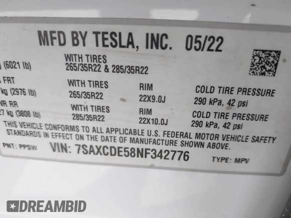 2022 Tesla Model X with VIN 7SAXCDE58NF342776, listed as a IAAI auction lot 42042369 with 70,301 mi miles and . Bid and sale history available at DreamBid. Image 9.