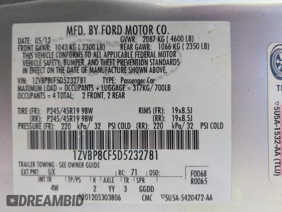 2013 Ford Mustang GT with VIN 1ZVBP8CF5D5232781, listed as a IAAI auction lot 40917812 with 130,447 mi miles. Bid and sale history available at carsss.com. Image 9.