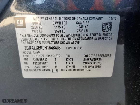 2017 Chevrolet Equinox LT with VIN 2GNALCEK0H1548403, listed as a Copart auction lot 52644215 with 95,704 mi miles and Clean Title. Bid and sale history available at carsss.com. Image 13.