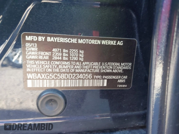 2013 BMW 5 Series 528i with VIN WBAXG5C58DD234056, listed as a IAAI auction lot 41833721 with 102,730 mi miles and . Bid and sale history available at DreamBid. Image 9.