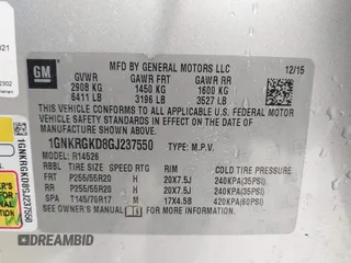 2016 Chevrolet Traverse LT with VIN 1GNKRGKD8GJ237550, listed as a IAAI auction lot 41764148 with 143,262 mi miles and . Bid and sale history available at DreamBid. Image 9.