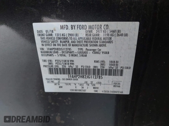2018 Ford Taurus SEL with VIN 1FAHP2H82JG112785, listed as a IAAI auction lot 41376074 with 98,754 mi miles. Bid and sale history available at carsss.com. Image 9.