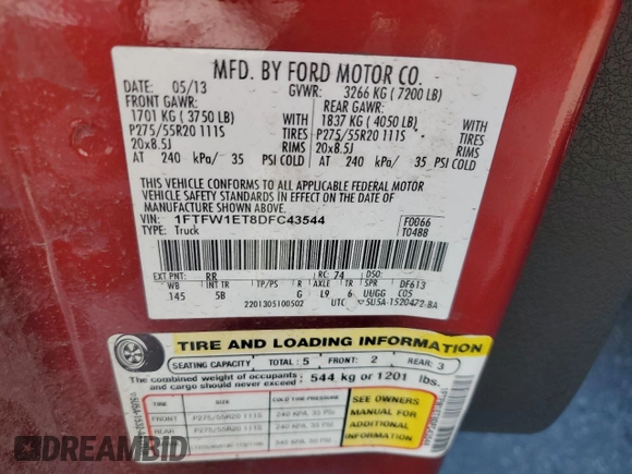2013 Ford F-150 XL with VIN 1FTFW1ET8DFC43544, listed as a Copart auction lot 63437965 with 168,598 mi miles and Salvage title. Bid and sale history available at DreamBid. Image 12.