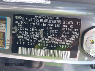 2020 Kia Sorento LX with VIN 5XYPG4A35LG699327, listed as a IAAI auction lot 41526707 with 94,517 mi miles. Bid and sale history available at carsss.com. Image 9.