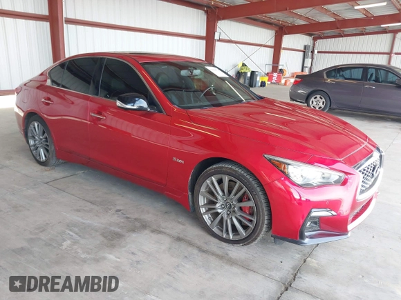 2018 Infiniti Q50 Red Sport 400 with VIN JN1FV7AR6JM481502, listed as a IAAI auction lot 41622523 with 74,097 mi miles and . Bid and sale history available at DreamBid. Image 1.