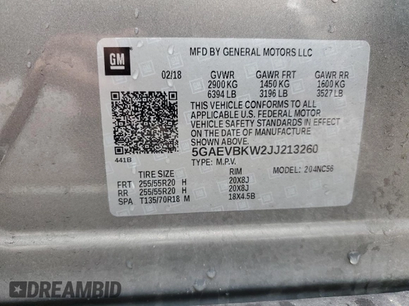2018 Buick Enclave Premium with VIN 5GAEVBKW2JJ213260, listed as a Copart auction lot 50885765 with 67,727 mi miles and Salvage Title. Bid and sale history available at DreamBid. Image 15.