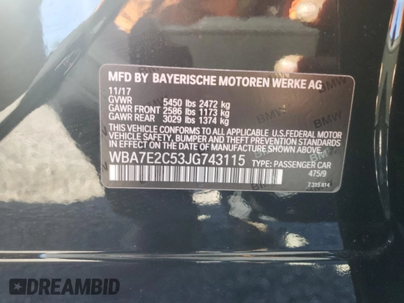 2018 BMW 7 Series 740i with VIN WBA7E2C53JG743115, listed as a Copart auction lot 73362103 with 57,789 mi miles. Bid and sale history available at carsss.com. Image 13.