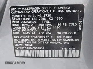 2021 Volkswagen Atlas SE with VIN 1V2RR2CA8MC534539, listed as a IAAI auction lot 42085193 with 43,390 mi miles and . Bid and sale history available at DreamBid. Image 9.