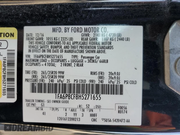 2017 Ford Mustang GT with VIN 1FA6P8CF8H5271655, listed as a Copart auction lot 52348105 with 77,819 mi miles and Salvage Title. Bid and sale history available at DreamBid. Image 14.