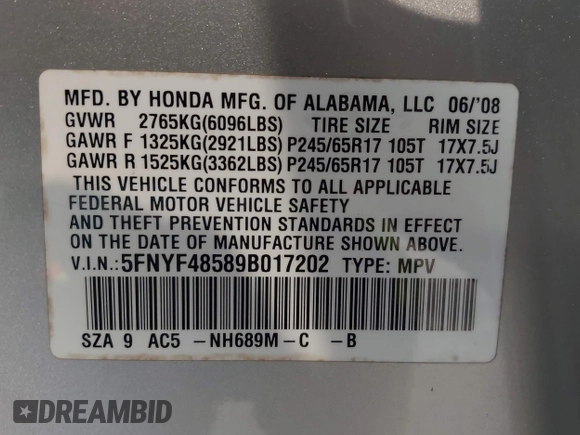 2009 Honda Pilot EX-L z VIN 5FNYF48589B017202, wystawiony jako IAAI lot #42232703 z przebiegiem 149 332 mil mil oraz . Historia ofert i sprzedaży dostępna na DreamBid. Obrazek 9.