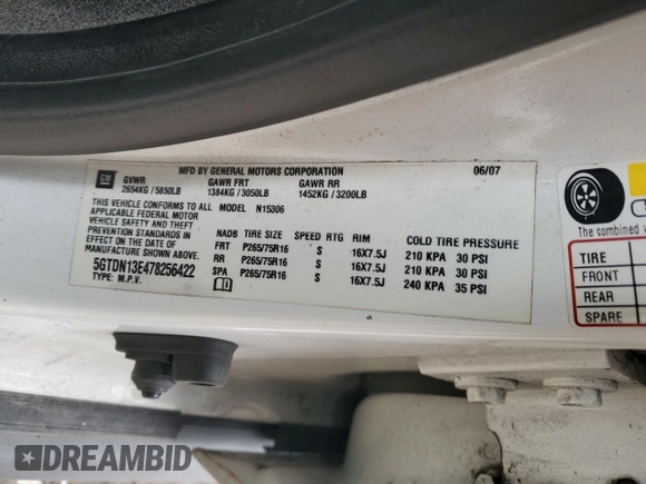 2007 Hummer H3 SUV with VIN 5GTDN13E478256422, listed as a Copart auction lot 84375874 with 203,057 mi miles and Salvage Title. Bid and sale history available at DreamBid. Image 15.