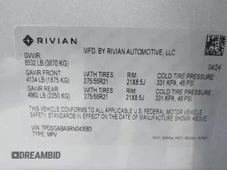 2024 Rivian R1S Adventure with VIN 7PDSGABA9RN043583, listed as a IAAI auction lot 41617148 with Not Provided miles. Bid and sale history available at carsss.com. Image 9.