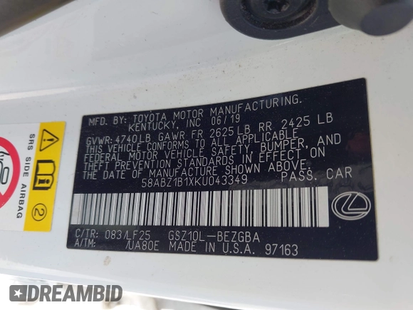 2019 Lexus ES 350 with VIN 58ABZ1B1XKU043349, listed as a IAAI auction lot 42272317 with 90,182 mi miles and . Bid and sale history available at DreamBid. Image 9.