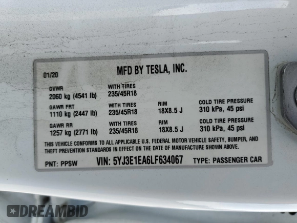 2020 Tesla Model 3 Standard Range Plus z VIN 5YJ3E1EA6LF634067, wystawiony jako Copart lot #50718645 z przebiegiem 26 605 mil mil oraz Szkoda całkowita • Salvage title. Historia ofert i sprzedaży dostępna na DreamBid. Obrazek 12.