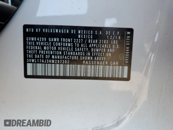 2017 Volkswagen Jetta SEL with VIN 3VWL17AJ3HM297202, listed as a Copart auction lot 57959785 with 113,408 mi miles and Salvage title. Bid and sale history available at DreamBid. Image 12.