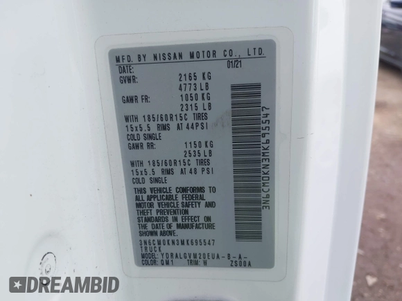 2021 Nissan NV200 S with VIN 3N6CM0KN3MK695547, listed as a IAAI auction lot 42341837 with 17,046 mi miles and . Bid and sale history available at DreamBid. Image 9.