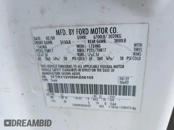 2009 Ford F-150 STX with VIN 1FTRX12W89KB56105, listed as a IAAI auction lot 42521283 with Not provided miles and . Bid and sale history available at DreamBid. Image 9.