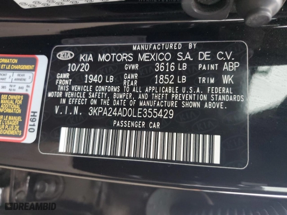 2020 Kia Rio LX with VIN 3KPA24AD0LE355429, listed as a Copart auction lot 88359405 with 93,397 mi miles and Salvage Title. Bid and sale history available at carsss.com. Image 12.