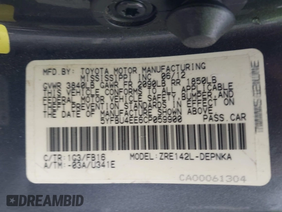 2012 Toyota Corolla L with VIN 5YFBU4EE6CP059900, listed as a IAAI auction lot 41913721 with 72,466 mi miles. Bid and sale history available at carsss.com. Image 9.