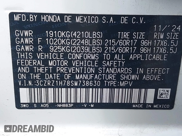 2025 Honda HR-V EX-L z VIN 3CZRZ1H78SM738630, wystawiony jako IAAI lot #41944020 z przebiegiem 4006 mil mil oraz . Historia ofert i sprzedaży dostępna na DreamBid. Obrazek 9.