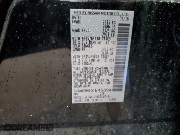 2016 Nissan Pathfinder Platinum with VIN 5N1AR2MM3GC645894, listed as a Copart auction lot 65990325 with 141,486 mi miles and Salvage title. Bid and sale history available at DreamBid. Image 14.