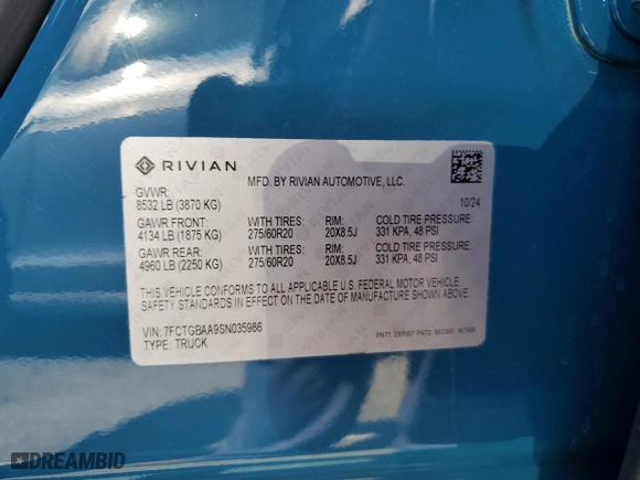 2025 Rivian R1T Adventure with VIN 7FCTGBAA9SN035986, listed as a Copart auction lot 52921085 with 2,102 mi miles and Salvage Title. Bid and sale history available at carsss.com. Image 12.