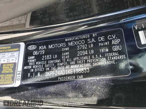 2019 Kia Forte LXS with VIN 3KPF24AD1KE138833, listed as a Copart auction lot 60241925 with 76,029 mi miles and Salvage title. Bid and sale history available at DreamBid. Image 12.