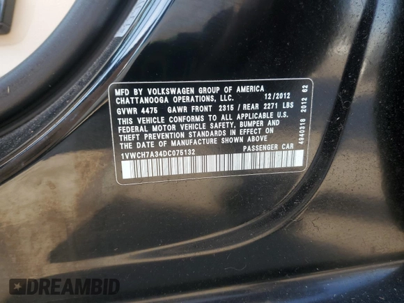 2013 Volkswagen Passat SEL Premium with VIN 1VWCH7A34DC075132, listed as a Copart auction lot 75872334 with 176,819 mi miles and Salvage Title. Bid and sale history available at carsss.com. Image 14.