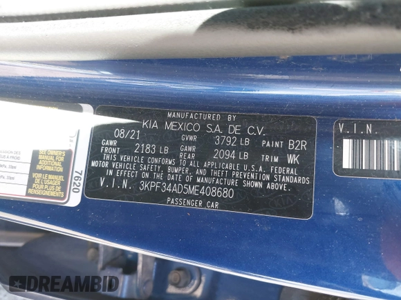 2021 Kia Forte GT-Line z VIN 3KPF34AD5ME408680, wystawiony jako IAAI lot #42442538 z przebiegiem 42 231 mil mil oraz . Historia ofert i sprzedaży dostępna na DreamBid. Obrazek 9.