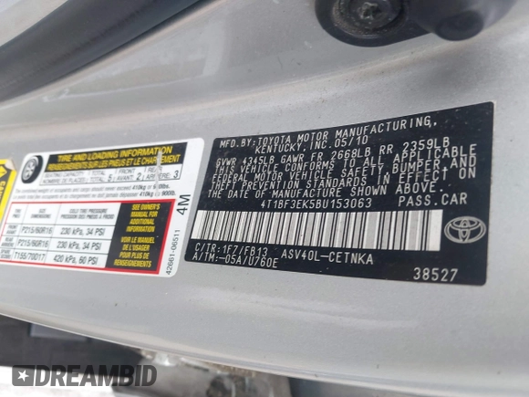 2011 Toyota Camry LE z VIN 4T1BF3EK5BU153063, wystawiony jako IAAI lot #40416479 z przebiegiem 192 289 mil mil oraz . Historia ofert i sprzedaży dostępna na DreamBid. Obrazek 9.