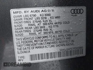 2015 Audi Q7 3.0T Premium Plus with VIN WA1LGAFE7FD013891, listed as a IAAI auction lot 41819325 with 999,999 mi miles. Bid and sale history available at carsss.com. Image 9.