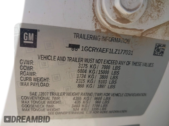 2020 Chevrolet Silverado 1500 Work Truck with VIN 1GCRYAEF1LZ177031, listed as a IAAI auction lot 42223285 with 77,377 mi miles and . Bid and sale history available at DreamBid. Image 9.