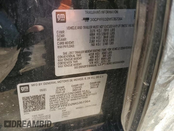 2021 Chevrolet Silverado 1500 LT Trail Boss with VIN 3GCPYFED2MG357364, listed as a Copart auction lot 48551445 with 87,235 mi miles and Salvage Title. Bid and sale history available at DreamBid. Image 12.