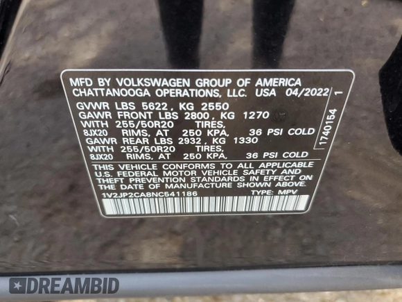 2022 Volkswagen Atlas SE with VIN 1V2JP2CA8NC541186, listed as a Copart auction lot 78072594 with 19,287 mi miles and Salvage title. Bid and sale history available at DreamBid. Image 14.
