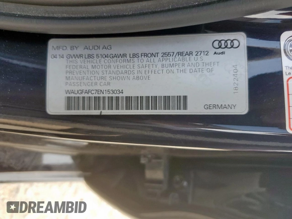 2014 Audi A6 Premium Plus with VIN WAUGFAFC7EN153034, listed as a Copart auction lot 57344305 with 82,837 mi miles and Salvage title. Bid and sale history available at DreamBid. Image 12.