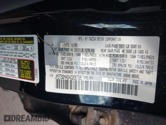 2010 Mazda CX-9 Sport with VIN JM3TB2MA6A0205725, listed as a IAAI auction lot 42004207 with 134,273 mi miles and . Bid and sale history available at DreamBid. Image 9.