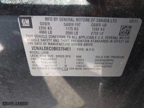 2011 Chevrolet Equinox LT w/1LT with VIN 2CNALDEC0B6378461, listed as a IAAI auction lot 41707197 with 123,085 mi miles. Bid and sale history available at carsss.com. Image 9.