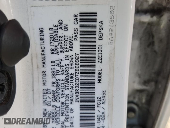 2007 Toyota Corolla CE z VIN 1NXBR32E07Z868927, wystawiony jako Copart lot #60074625 z przebiegiem 212 976 mil mil oraz Szkoda całkowita • Salvage title. Historia ofert i sprzedaży dostępna na DreamBid. Obrazek 12.