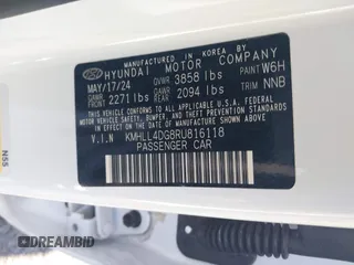 2024 Hyundai Elantra SE with VIN KMHLL4DG8RU816118, listed as a IAAI auction lot 42503570 with 18,730 mi miles and . Bid and sale history available at DreamBid. Image 9.