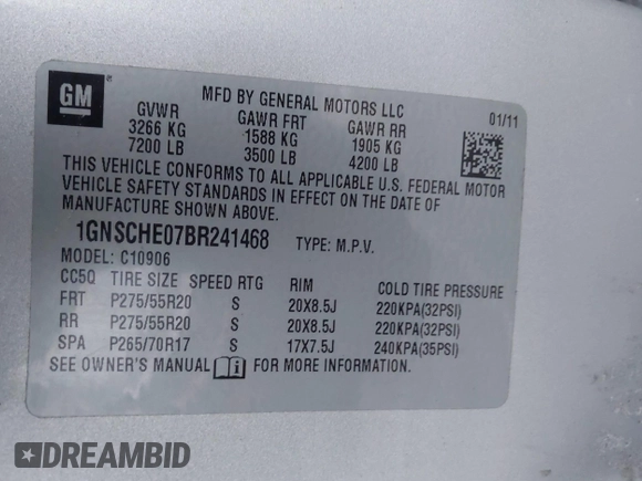 2011 Chevrolet Suburban LS with VIN 1GNSCHE07BR241468, listed as a IAAI auction lot 41376362 with 277,907 mi miles. Bid and sale history available at carsss.com. Image 9.