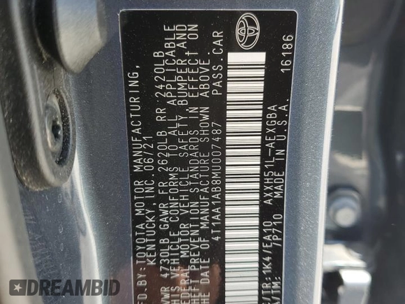 2021 Toyota Avalon Hybrid XLE z VIN 4T1AA1AB8MU007487, wystawiony jako Copart lot #57241445 z przebiegiem 63 154 mil mil oraz Nie do naprawy • Non repairable. Historia ofert i sprzedaży dostępna na DreamBid. Obrazek 12.
