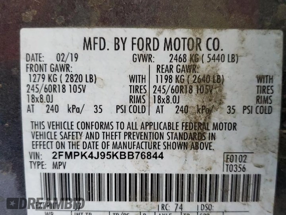 2019 Ford Edge SEL with VIN 2FMPK4J95KBB76844, listed as a Copart auction lot 59323925 with 122,326 mi miles and Salvage title. Bid and sale history available at DreamBid. Image 13.