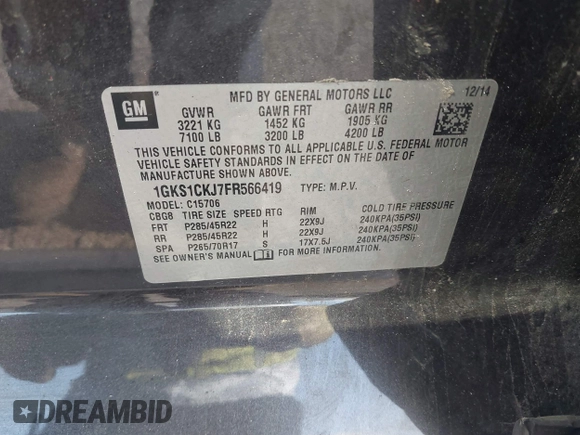 2015 GMC Yukon Denali z VIN 1GKS1CKJ7FR566419, wystawiony jako IAAI lot #41948825 z przebiegiem 235 037 mil mil oraz . Historia ofert i sprzedaży dostępna na DreamBid. Obrazek 9.