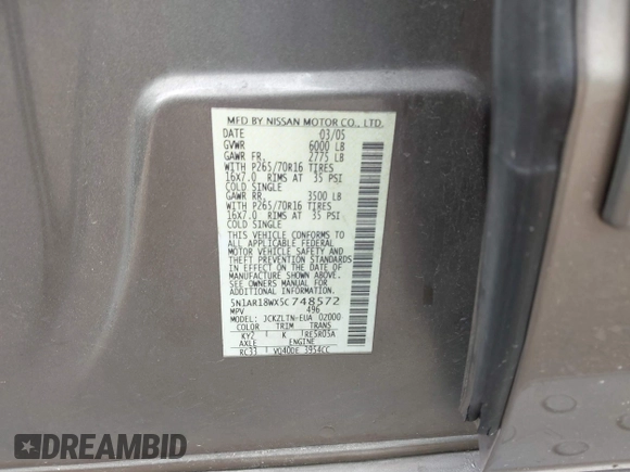 2005 Nissan Pathfinder SE z VIN 5N1AR18WX5C748572, wystawiony jako IAAI lot #42180475 z przebiegiem 291 301 mil mil oraz . Historia ofert i sprzedaży dostępna na DreamBid. Obrazek 9.