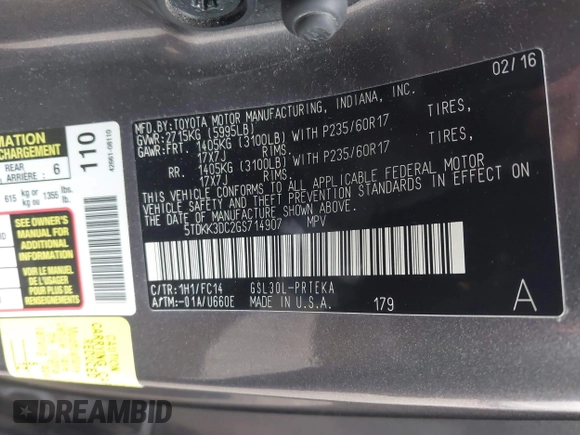 2016 Toyota Sienna LE AAS with VIN 5TDKK3DC2GS714907, listed as a IAAI auction lot 41679920 with 130,321 mi miles. Bid and sale history available at carsss.com. Image 9.