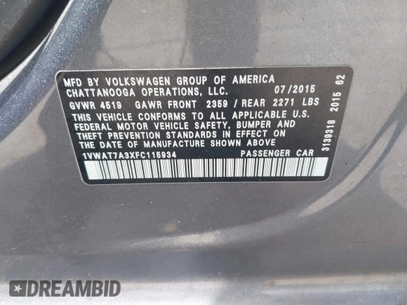 2015 Volkswagen Passat Wolfsburg Edition с VIN 1VWAT7A3XFC115934, выставлен на аукционе IAAI как лот 42605174 с пробегом 110 186 миль миль и . История ставок и продаж доступна на DreamBid. Изображение 9.