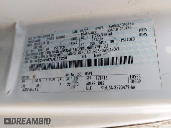 2007 Ford Econoline Cargo Commercial with VIN 1FTNE24W57DB33258, listed as a IAAI auction lot 42393068 with 152,700 mi miles and . Bid and sale history available at DreamBid. Image 9.